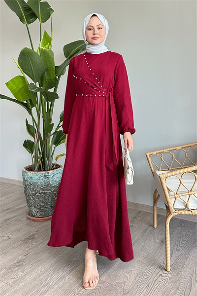 İncili Önü Bağlamalı Bordo Ayrobin Elbise