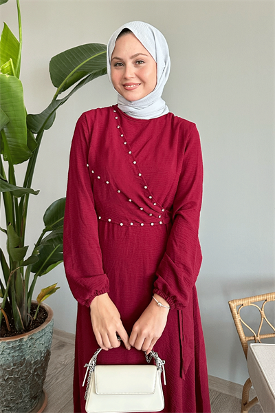 İncili Önü Bağlamalı Bordo Ayrobin Elbise