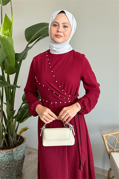 İncili Önü Bağlamalı Bordo Ayrobin Elbise