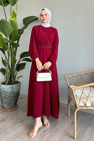 İncili Önü Bağlamalı Bordo Ayrobin Elbise