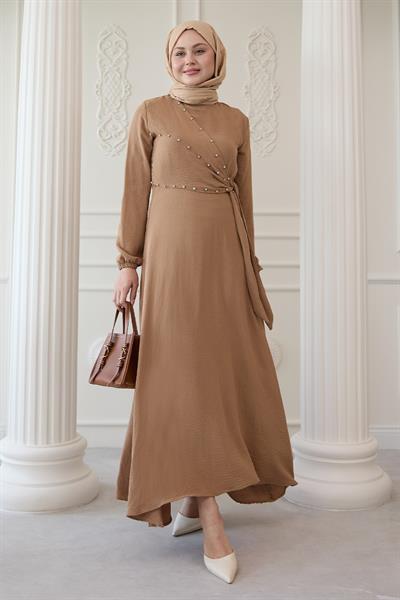 İncili Önü Bağlamalı Camel Ayrobin Elbise