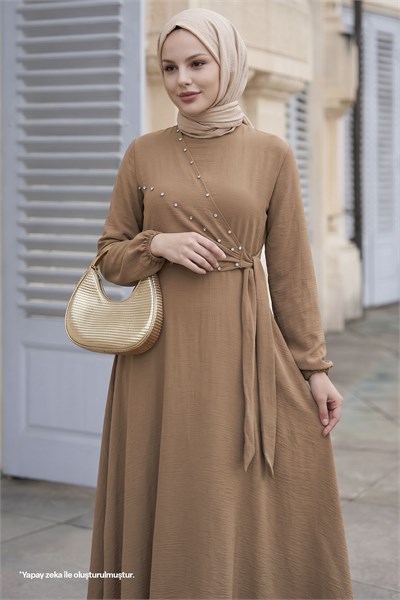 İncili Önü Bağlamalı Camel Ayrobin Elbise