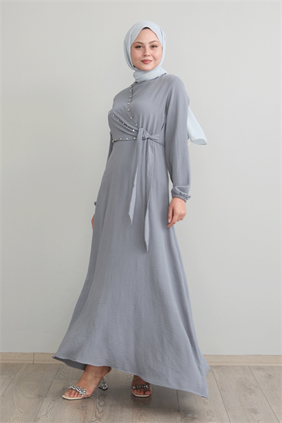 İncili Önü Bağlamalı Gri Ayrobin Elbise