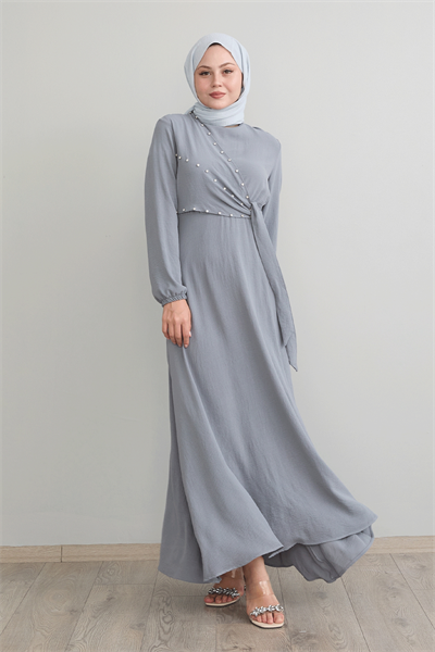 İncili Önü Bağlamalı Gri Ayrobin Elbise