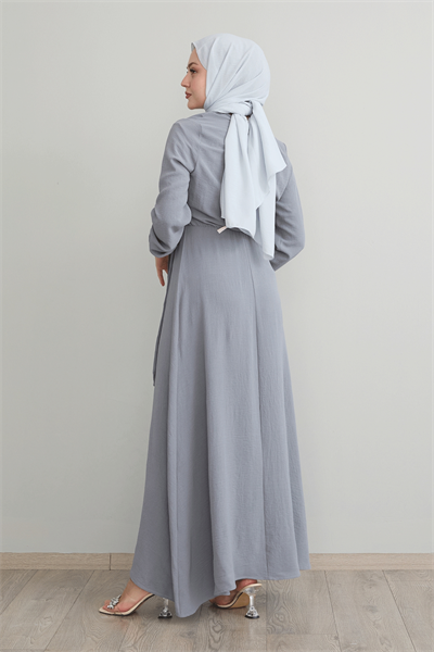 İncili Önü Bağlamalı Gri Ayrobin Elbise