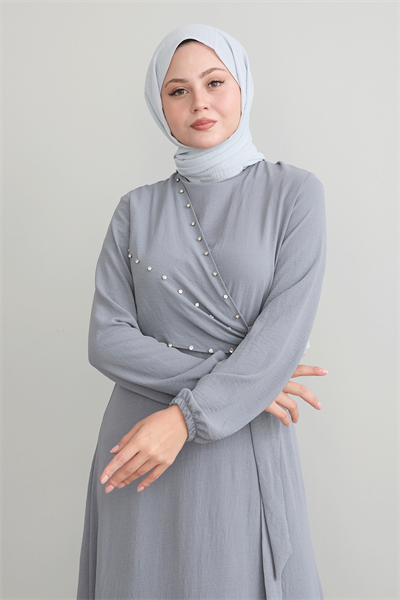 İncili Önü Bağlamalı Gri Ayrobin Elbise