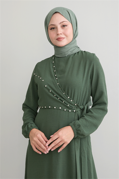 Pearled Tie Front Khaki Ayrobin Dress