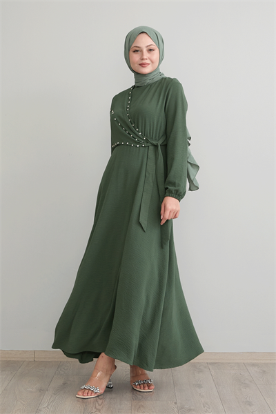 Pearled Tie Front Khaki Ayrobin Dress