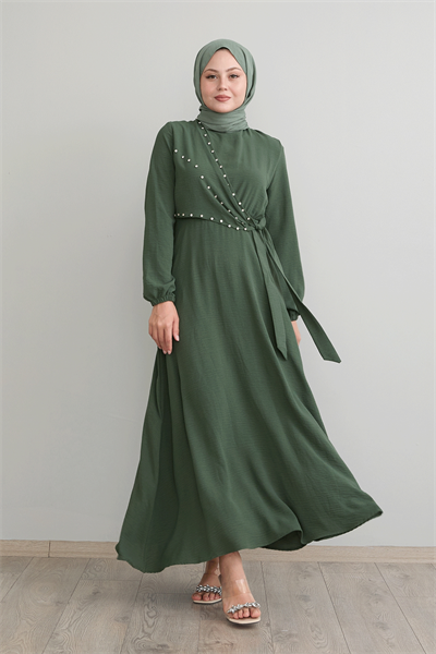 Pearled Tie Front Khaki Ayrobin Dress