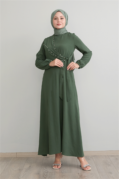 Pearled Tie Front Khaki Ayrobin Dress