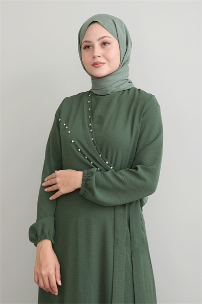 Pearled Tie Front Khaki Ayrobin Dress