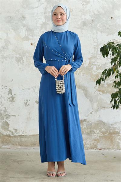 İncili Önü Bağlamalı Mavi Ayrobin Elbise