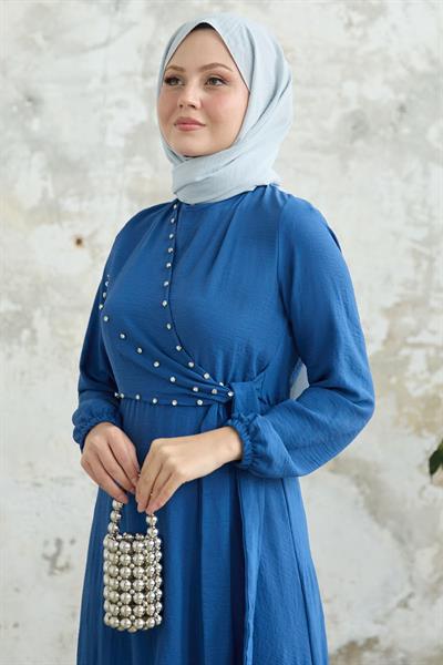 İncili Önü Bağlamalı Mavi Ayrobin Elbise