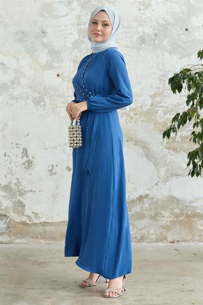 İncili Önü Bağlamalı Mavi Ayrobin Elbise