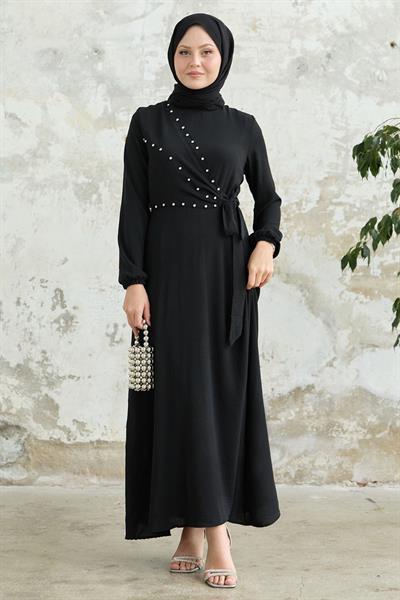 İncili Önü Bağlamalı Siyah Ayrobin Elbise