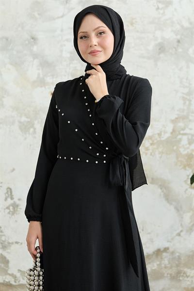 İncili Önü Bağlamalı Siyah Ayrobin Elbise