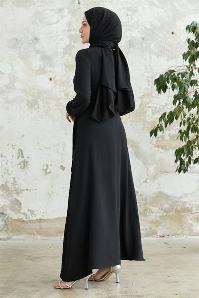 İncili Önü Bağlamalı Siyah Ayrobin Elbise