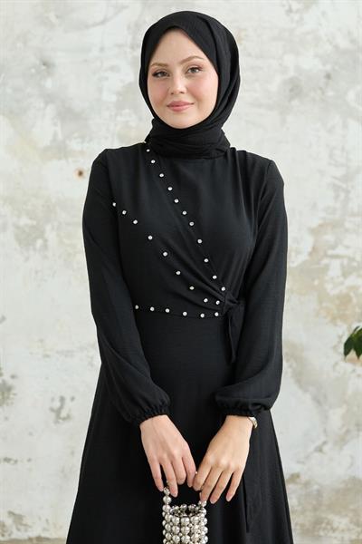 İncili Önü Bağlamalı Siyah Ayrobin Elbise