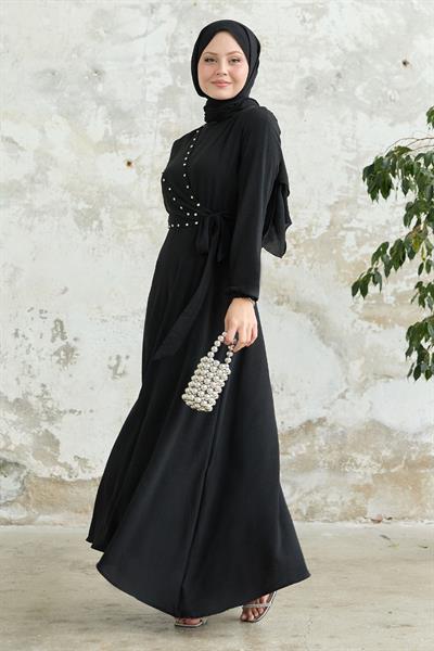 İncili Önü Bağlamalı Siyah Ayrobin Elbise