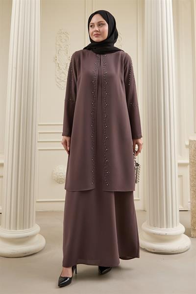 İncili Parça Detay Acı Kahverengi Abaya