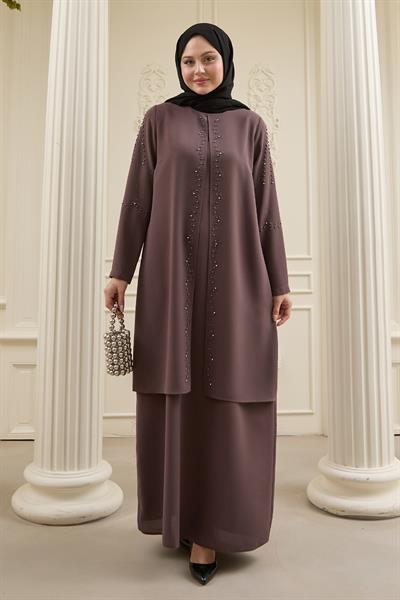 İncili Parça Detay Acı Kahverengi Abaya