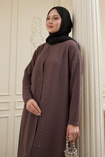 İncili Parça Detay Acı Kahverengi Abaya