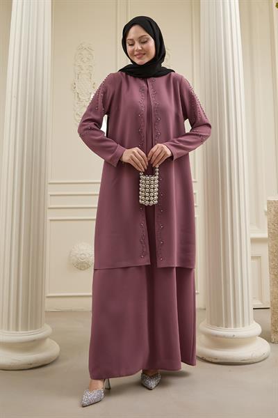 İncili Parça Detay Gül Kurusu Abaya