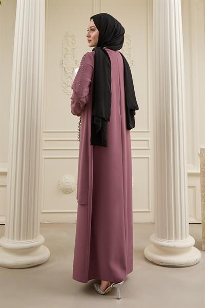 İncili Parça Detay Gül Kurusu Abaya