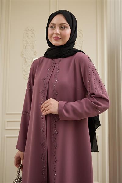 İncili Parça Detay Gül Kurusu Abaya