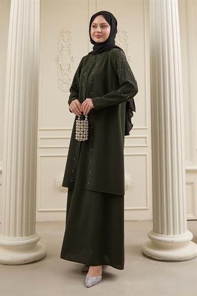 İncili Parça Detay Haki Abaya