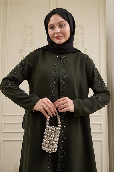 İncili Parça Detay Haki Abaya