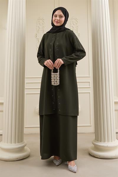 İncili Parça Detay Haki Abaya