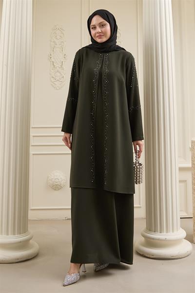 İncili Parça Detay Haki Abaya