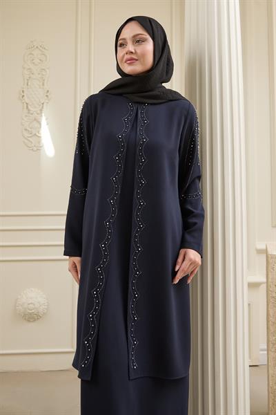 İncili Parça Detay Koyu Lacivert Abaya