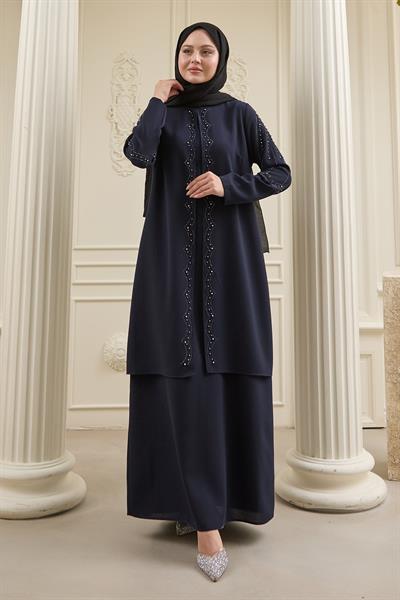 İncili Parça Detay Koyu Lacivert Abaya