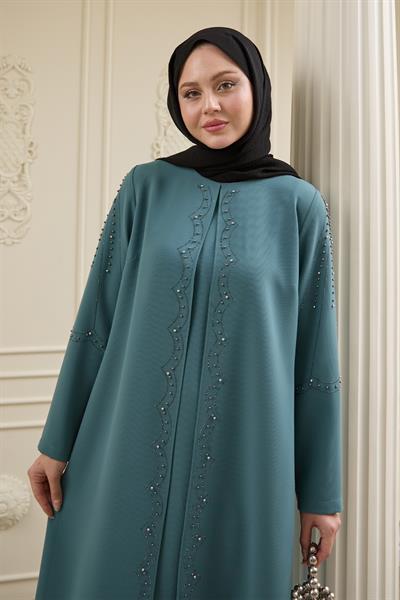 İncili Parça Detay Mint Yeşili Abaya