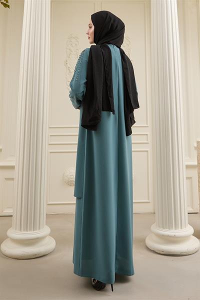 İncili Parça Detay Mint Yeşili Abaya