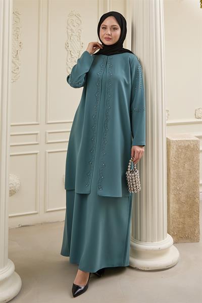 İncili Parça Detay Mint Yeşili Abaya