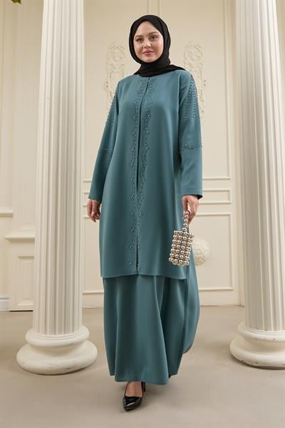 İncili Parça Detay Mint Yeşili Abaya