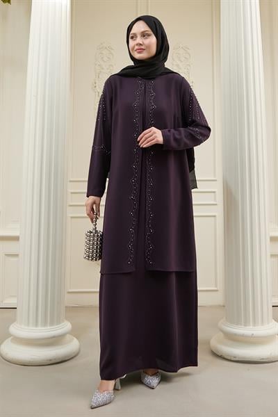 İncili Parça Detay Mor Abaya