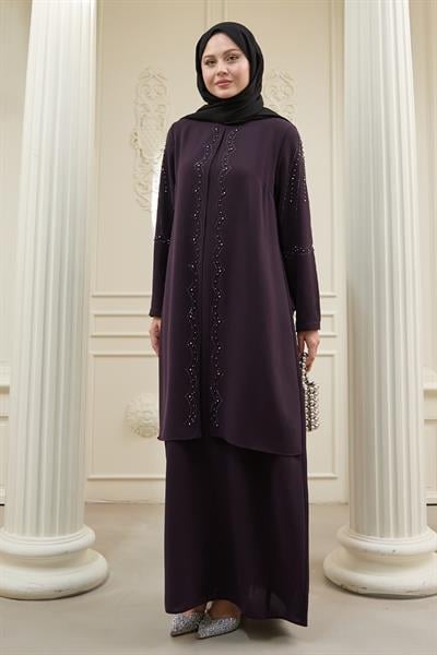 İncili Parça Detay Mor Abaya