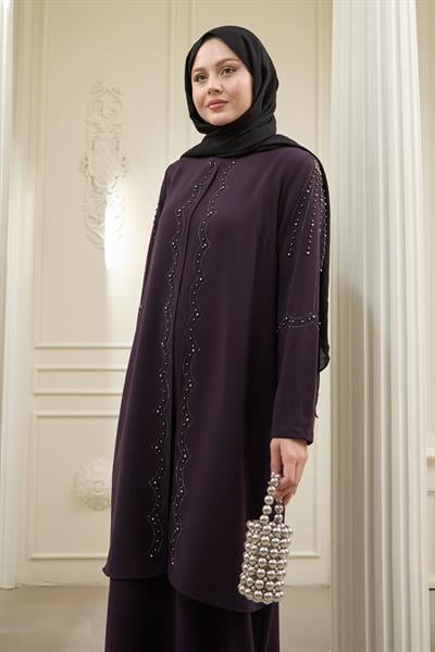 İncili Parça Detay Mor Abaya