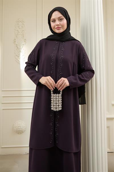 İncili Parça Detay Mor Abaya