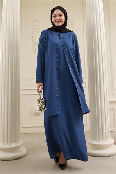 İncili Parça Detay Saks Mavisi Abaya