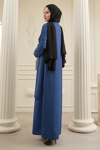 İncili Parça Detay Saks Mavisi Abaya