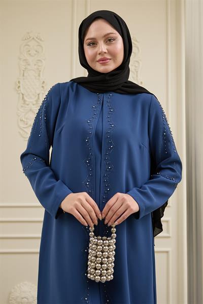 İncili Parça Detay Saks Mavisi Abaya