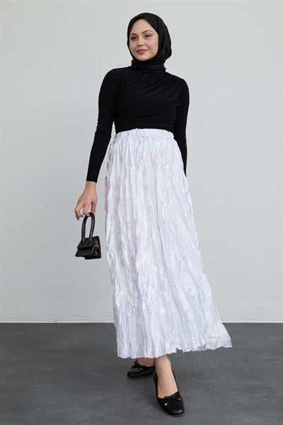 İncili Saten Kraş Beyaz Etek