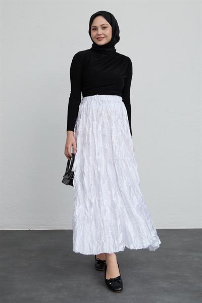 İncili Saten Kraş Beyaz Etek