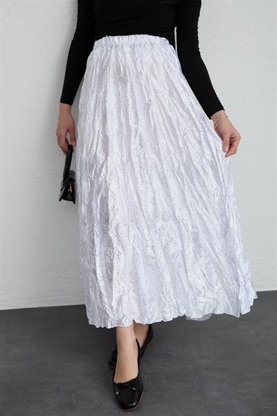 İncili Saten Kraş Beyaz Etek