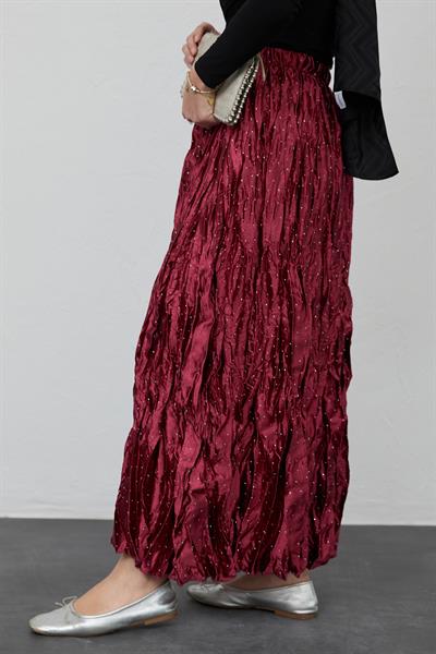 İncili Saten Kraş Bordo Etek